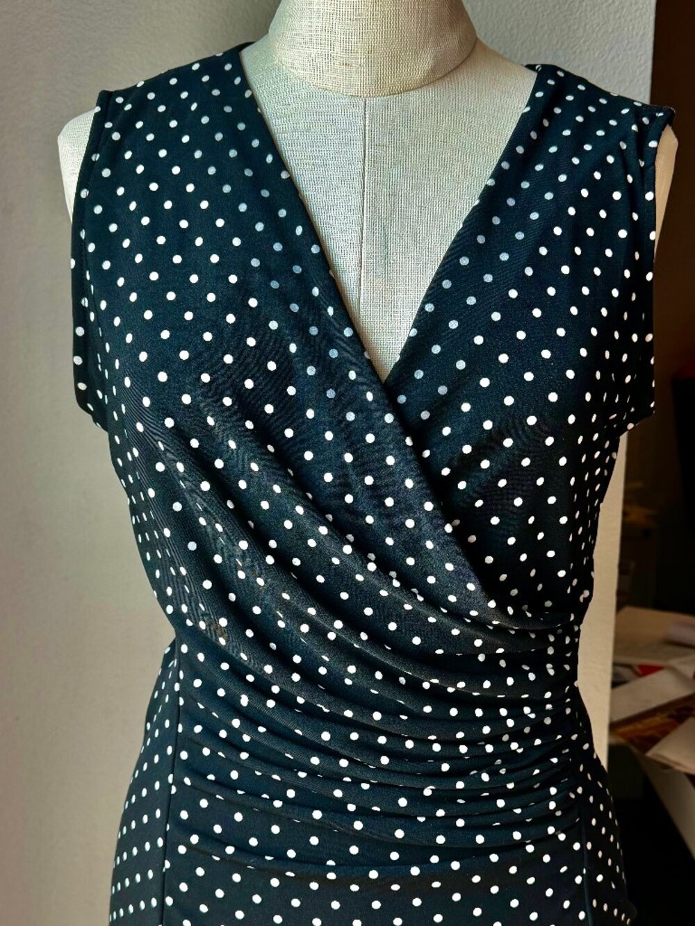 DKNY Black White Polka Dot Ruched Faux Wrap Top Size Small